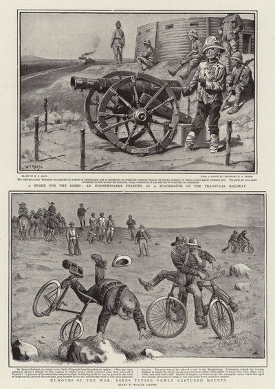A Snare for the Boers, an Indispensable Feature at a Blockhouse on the Transvaal Railway, Humours of the War, Boers trying newly captured Mounts by William T. Maud